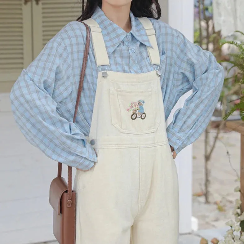 Bear Embroidered Denim Overalls
