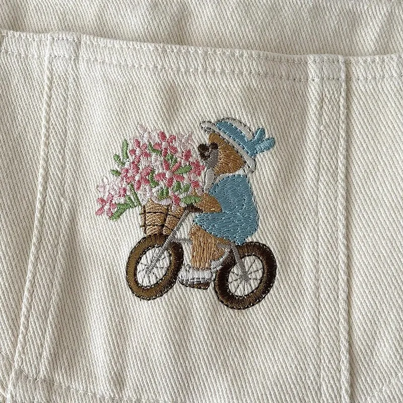 Bear Embroidered Denim Overalls