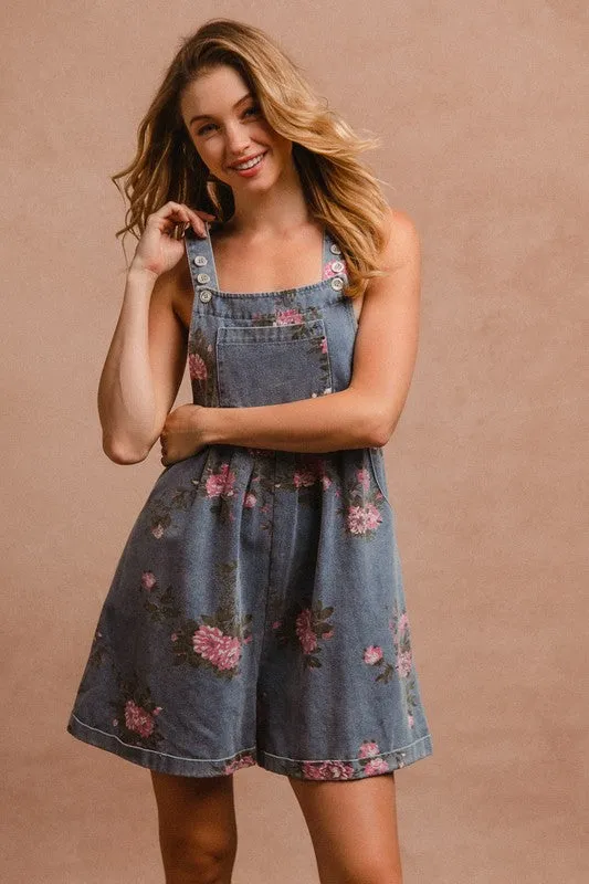 BiBi Flower Printed Denim Overalls