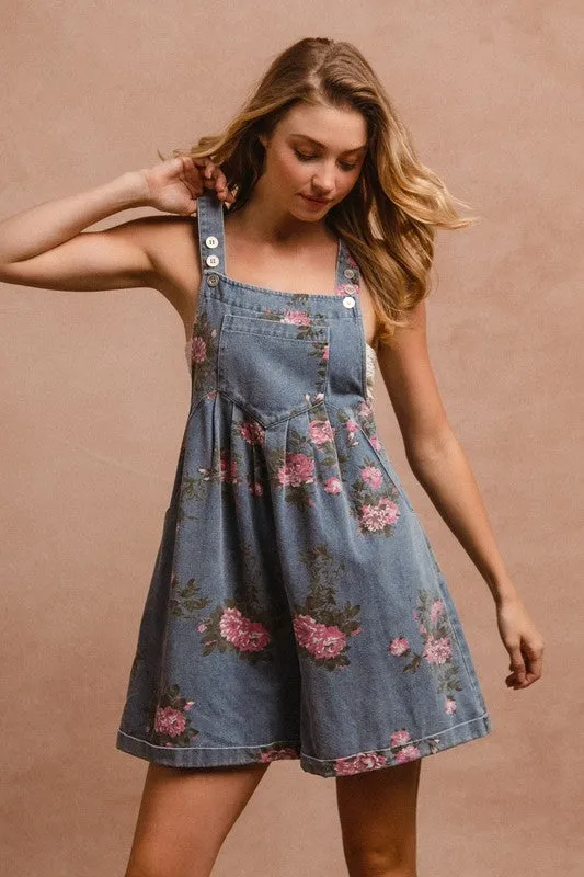 BiBi Flower Printed Denim Overalls
