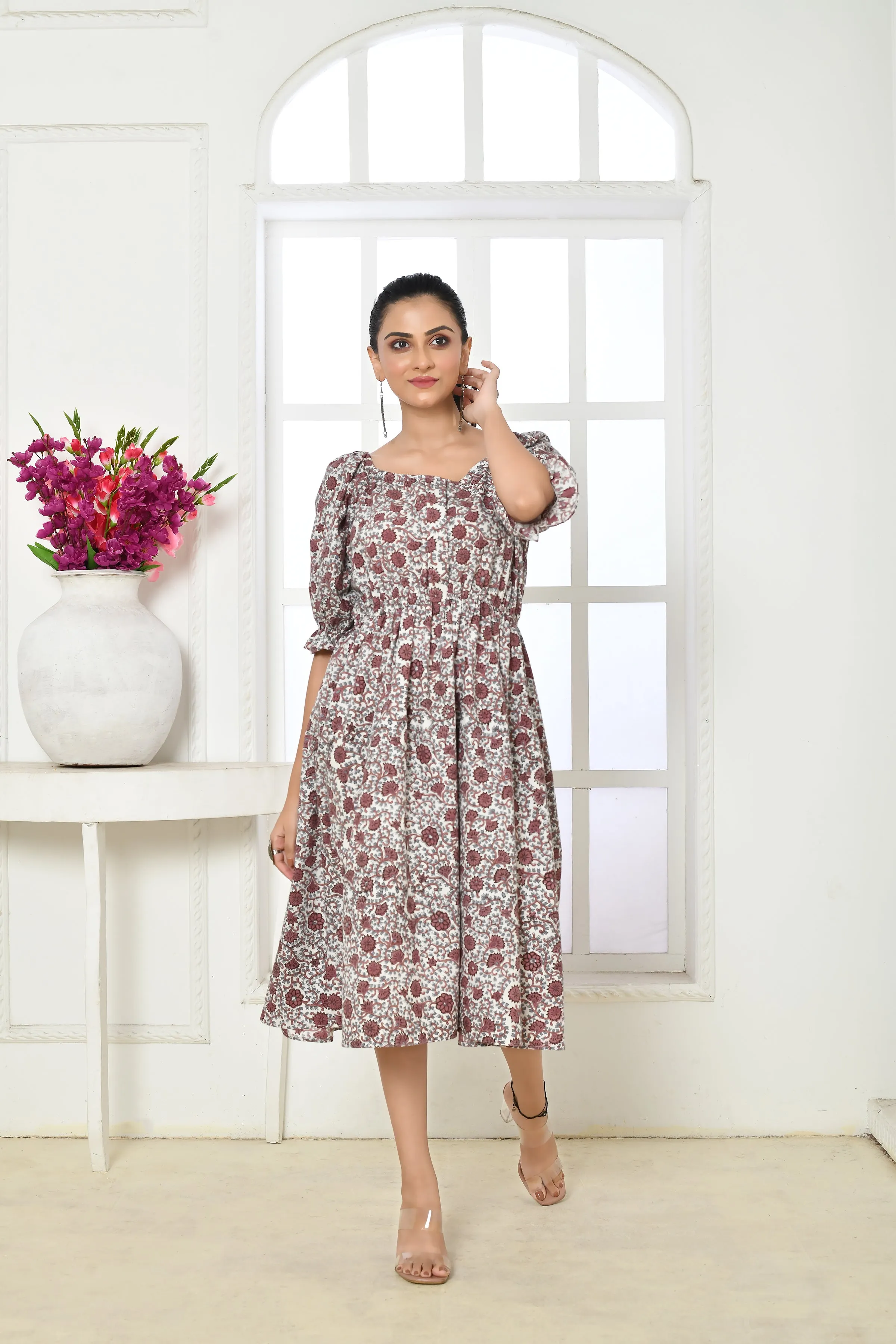 Brown & White Pure Cotton Handblock Print Midi Dress
