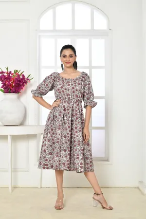 Brown & White Pure Cotton Handblock Print Midi Dress