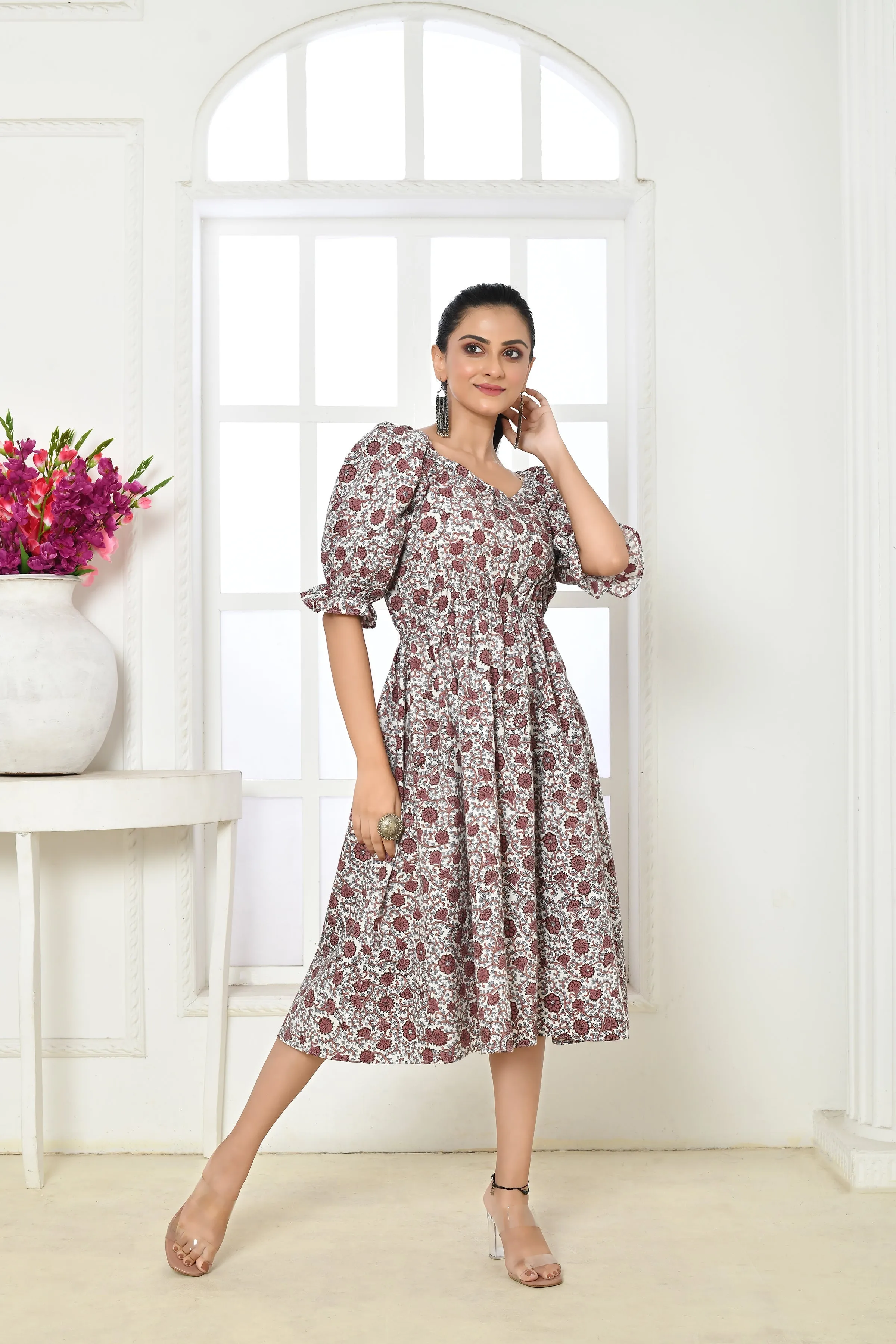 Brown & White Pure Cotton Handblock Print Midi Dress