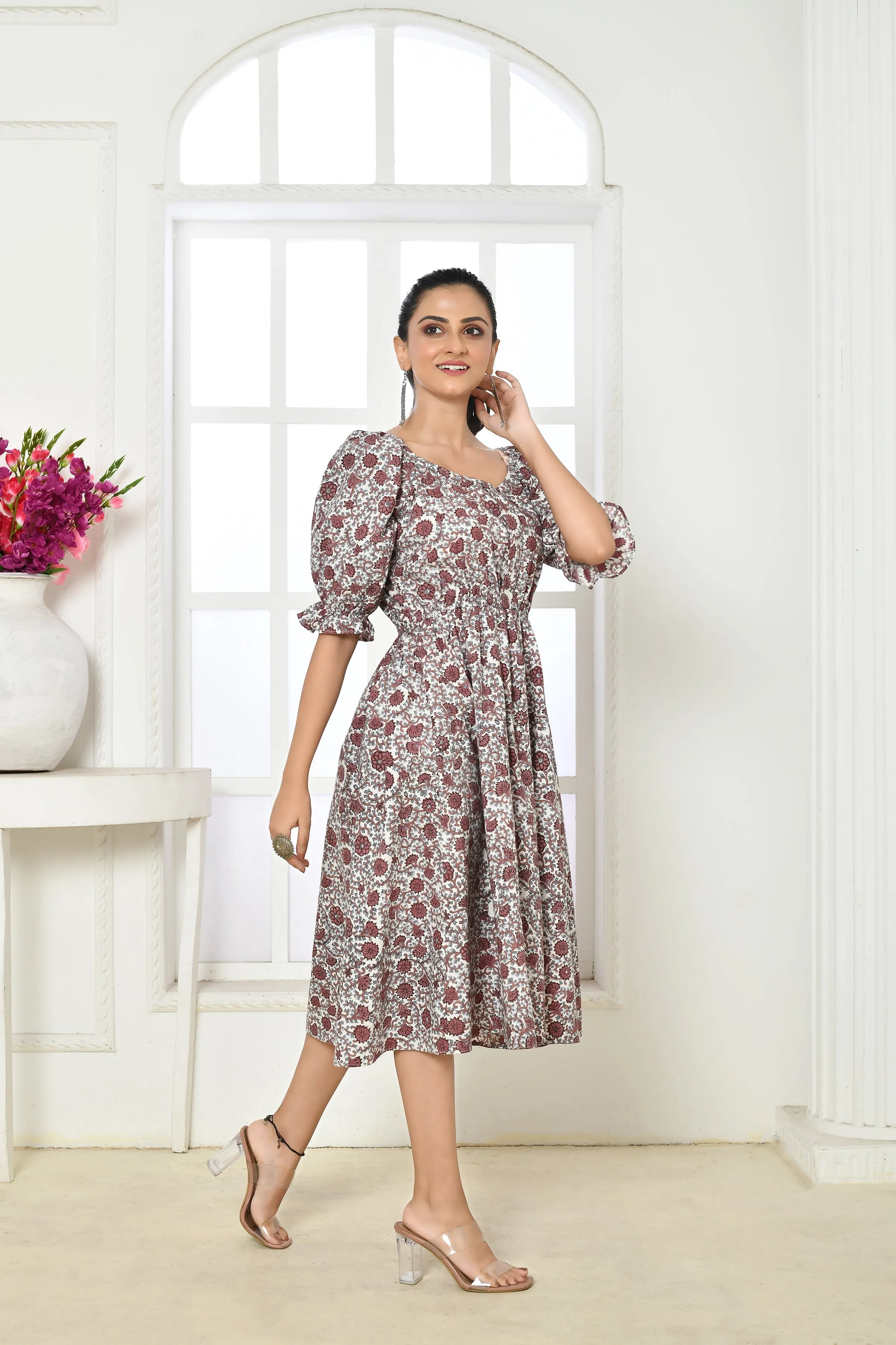 Brown & White Pure Cotton Handblock Print Midi Dress