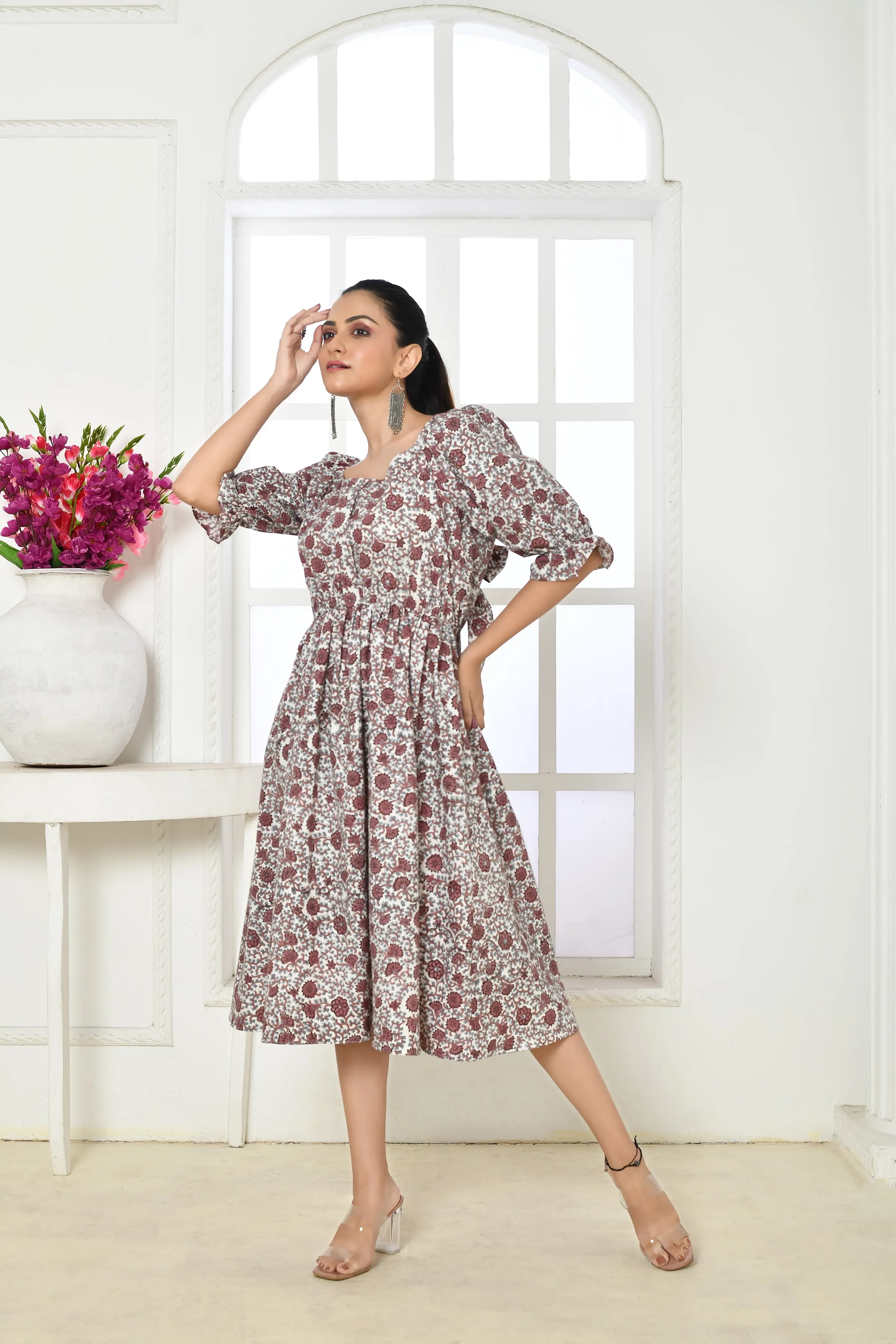 Brown & White Pure Cotton Handblock Print Midi Dress