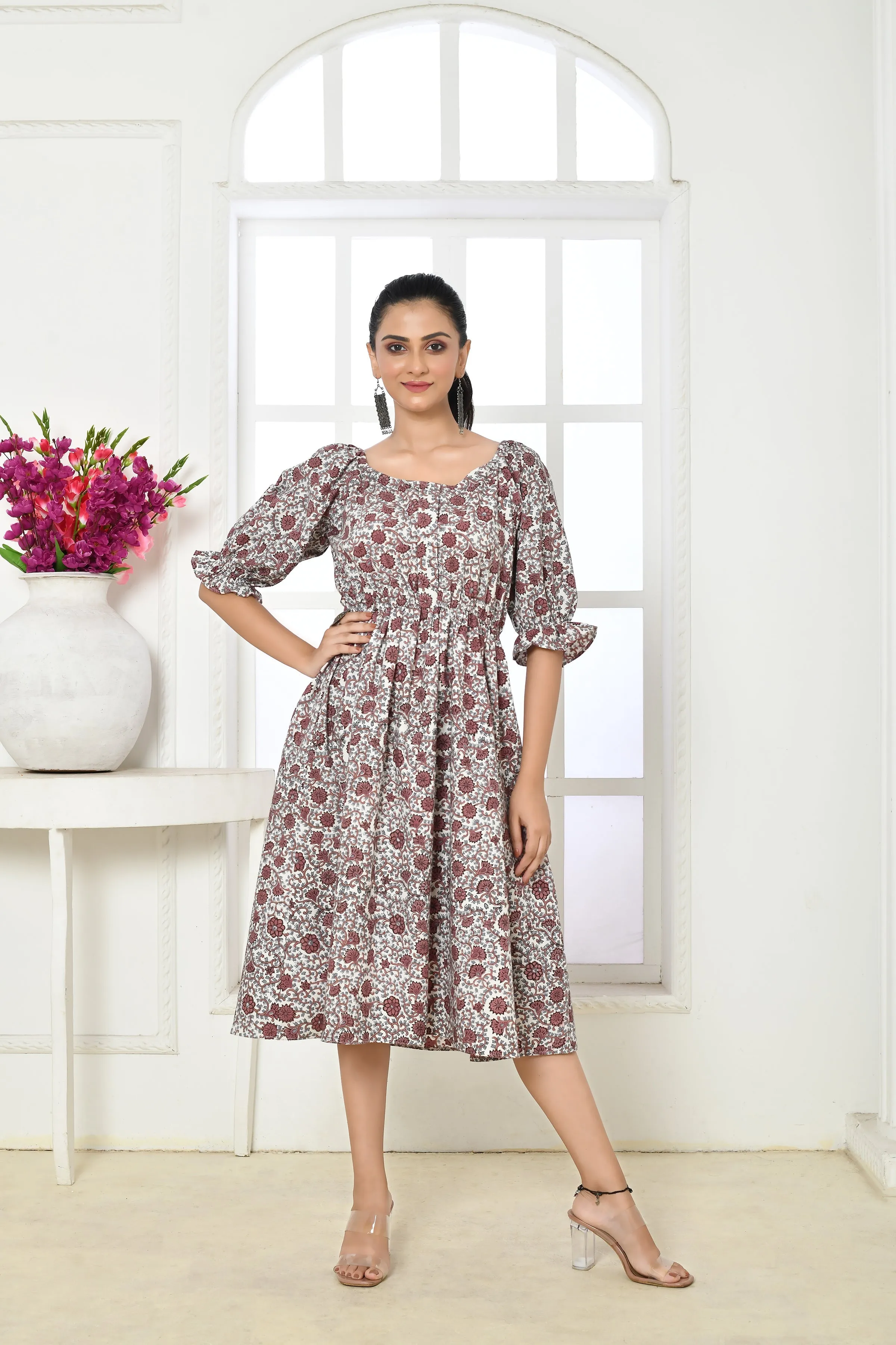 Brown & White Pure Cotton Handblock Print Midi Dress