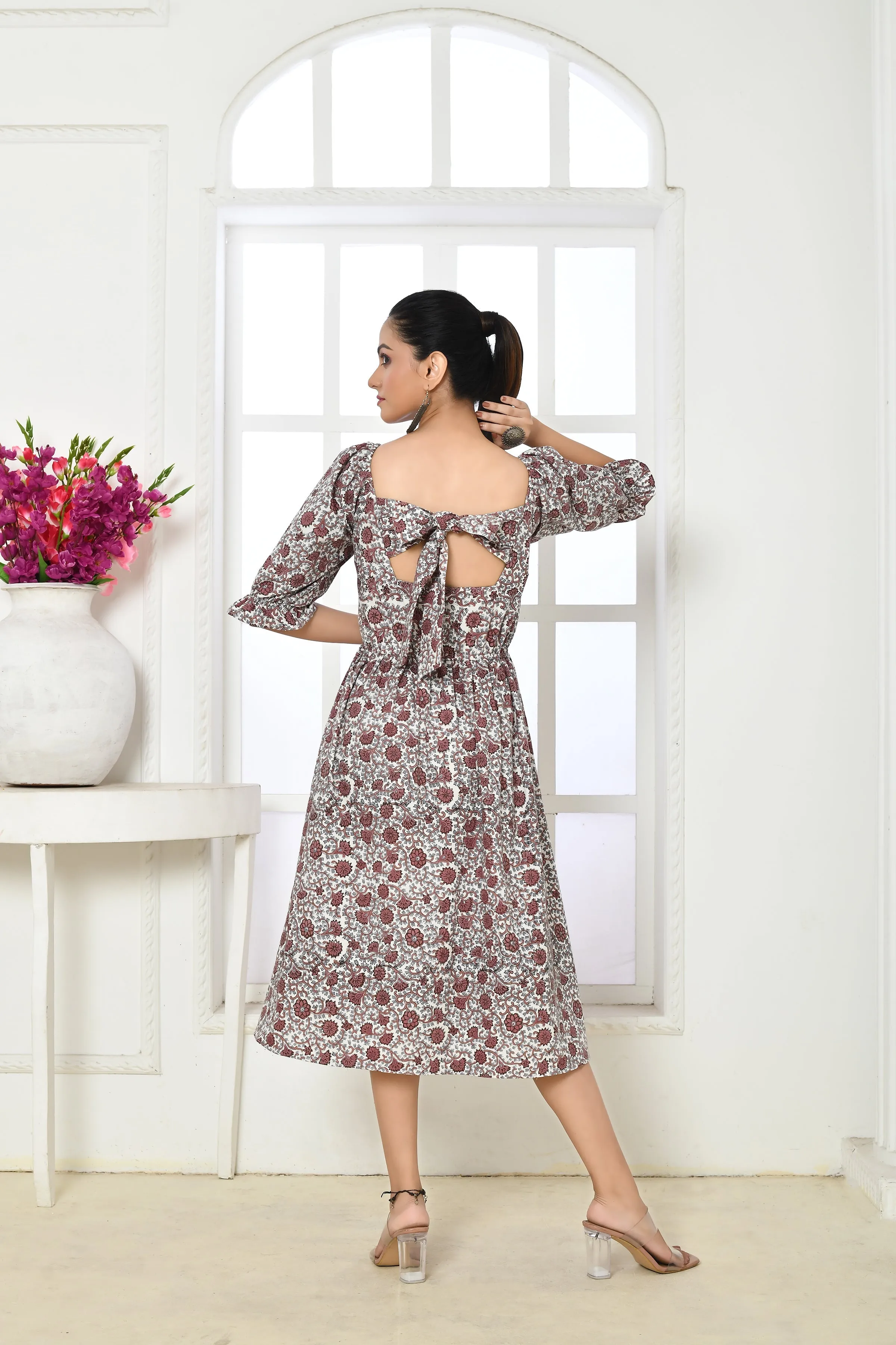 Brown & White Pure Cotton Handblock Print Midi Dress