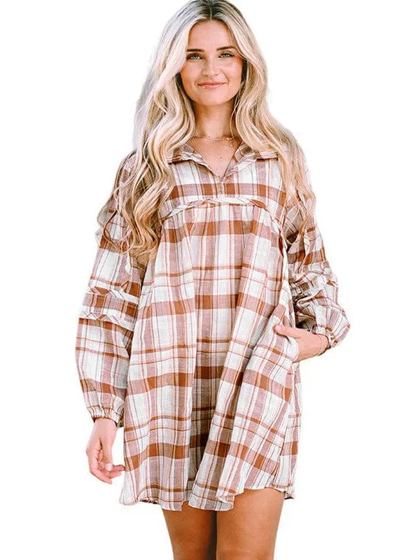 Brown and Beige Check Dress