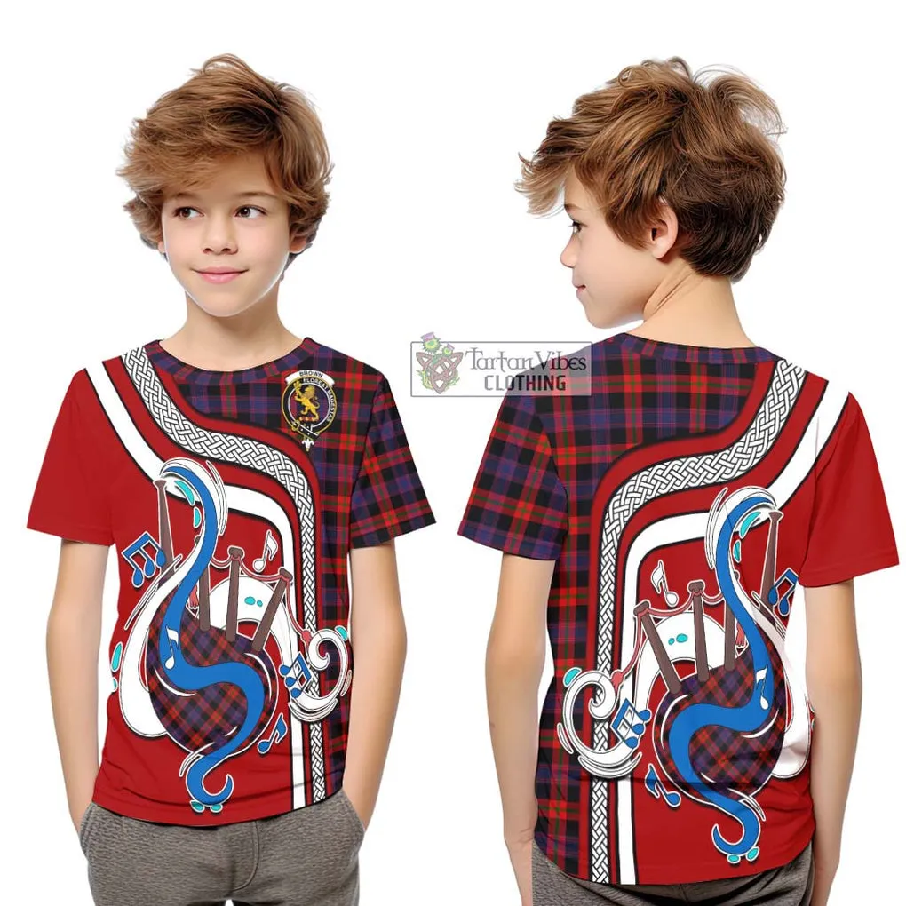 Brown (Broun) Tartan Kid T-Shirt with Epic Bagpipe Style
