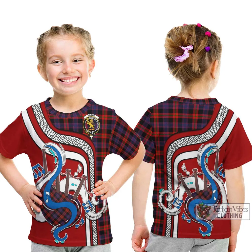 Brown (Broun) Tartan Kid T-Shirt with Epic Bagpipe Style