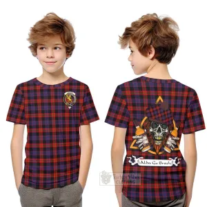 Brown (Broun) Tartan Kid T-Shirt with Family Crest and Bearded Skull Holding Bottles of Whiskey