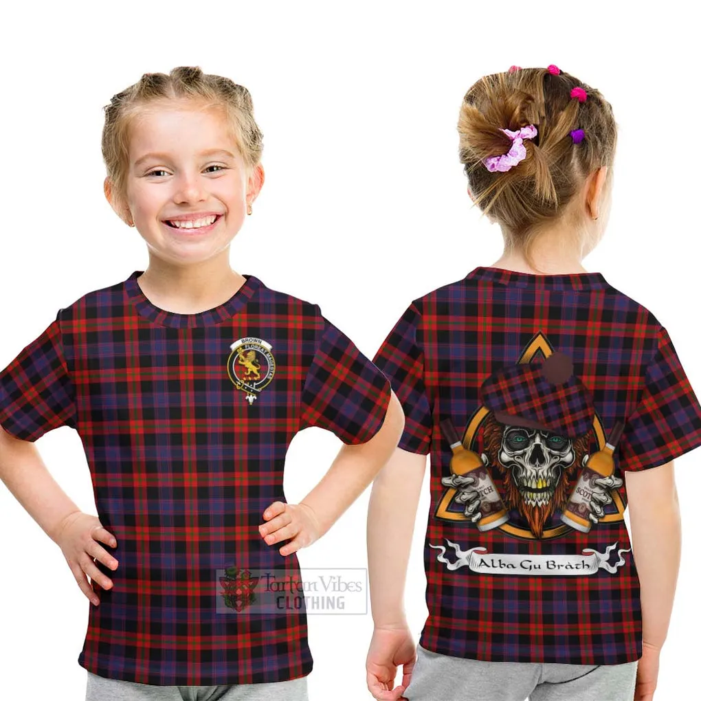 Brown (Broun) Tartan Kid T-Shirt with Family Crest and Bearded Skull Holding Bottles of Whiskey