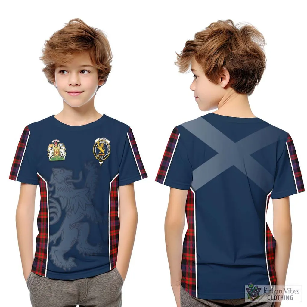 Brown (Broun) Tartan Kid T-Shirt with Family Crest and Lion Rampant Vibes Sport Style