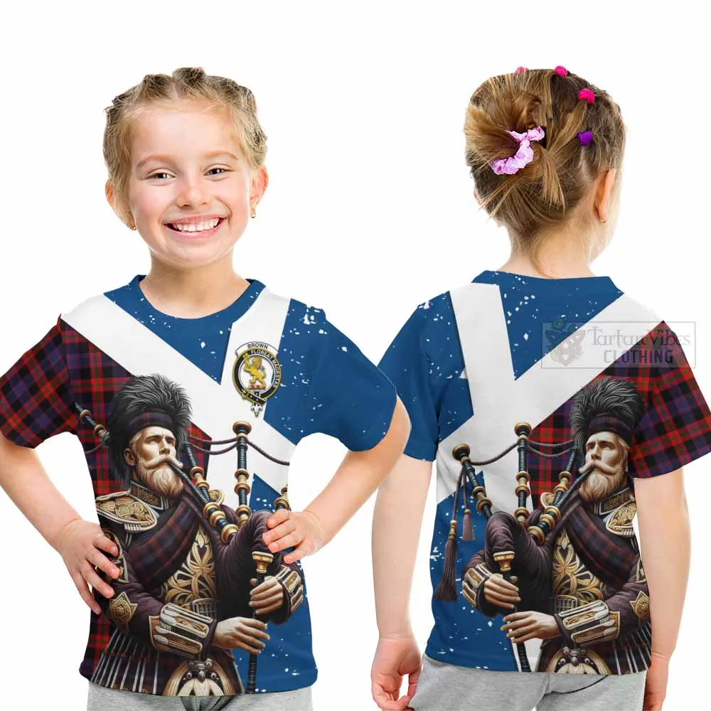 Brown (Broun) Tartan Kid T-Shirt with Family Crest Scottish Bagpiper Vibes