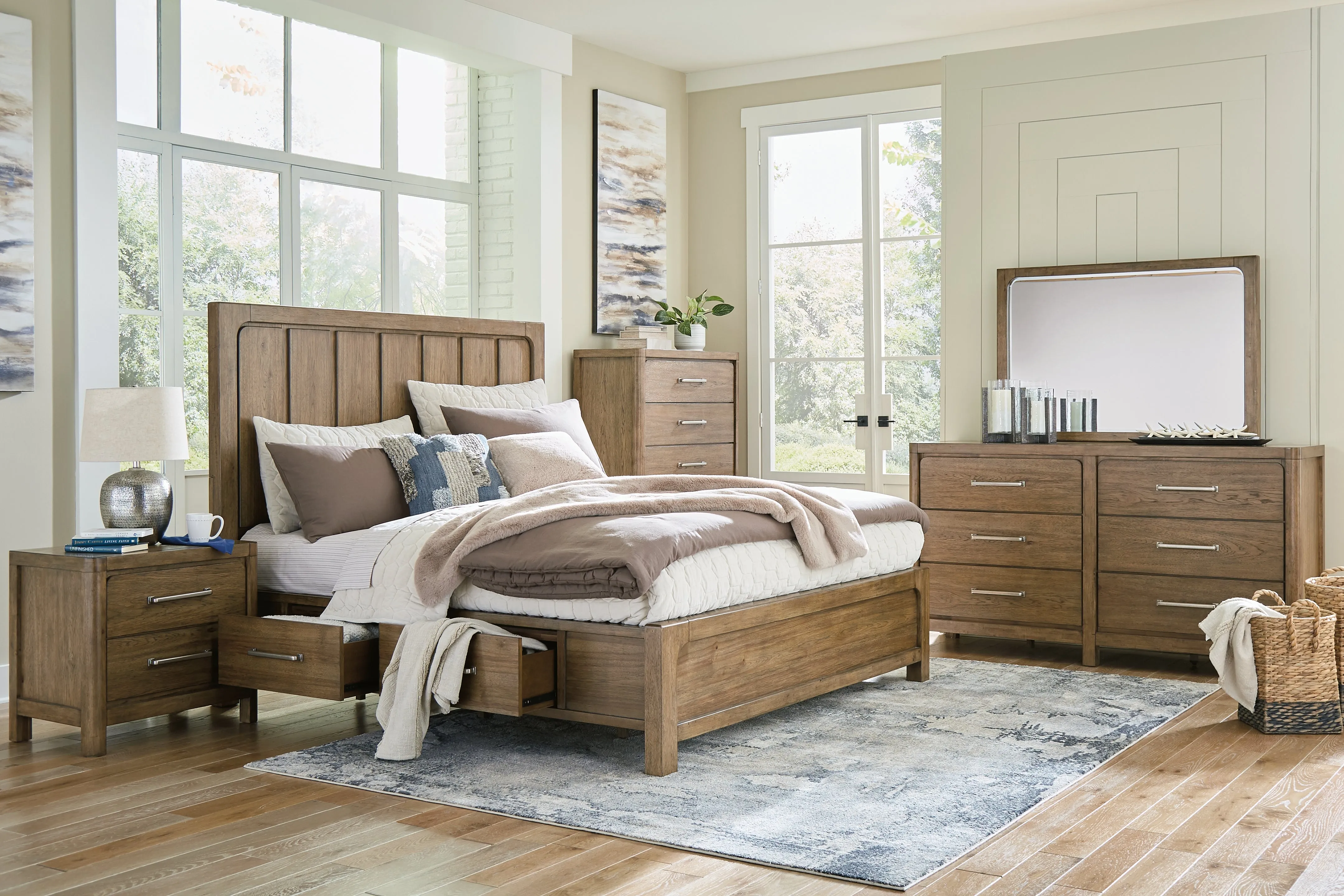 Cabalynn California King Panel Bed with Dresser, Chest and Nightstand in Light Brown