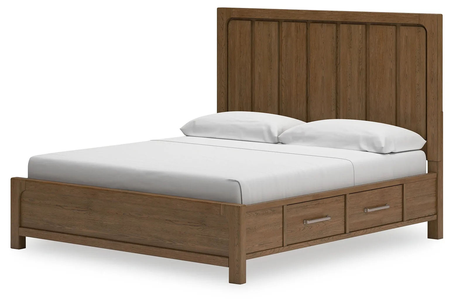Cabalynn California King Panel Bed with Storage with Mirrored Dresser and 2 Nightstands in Light Brown