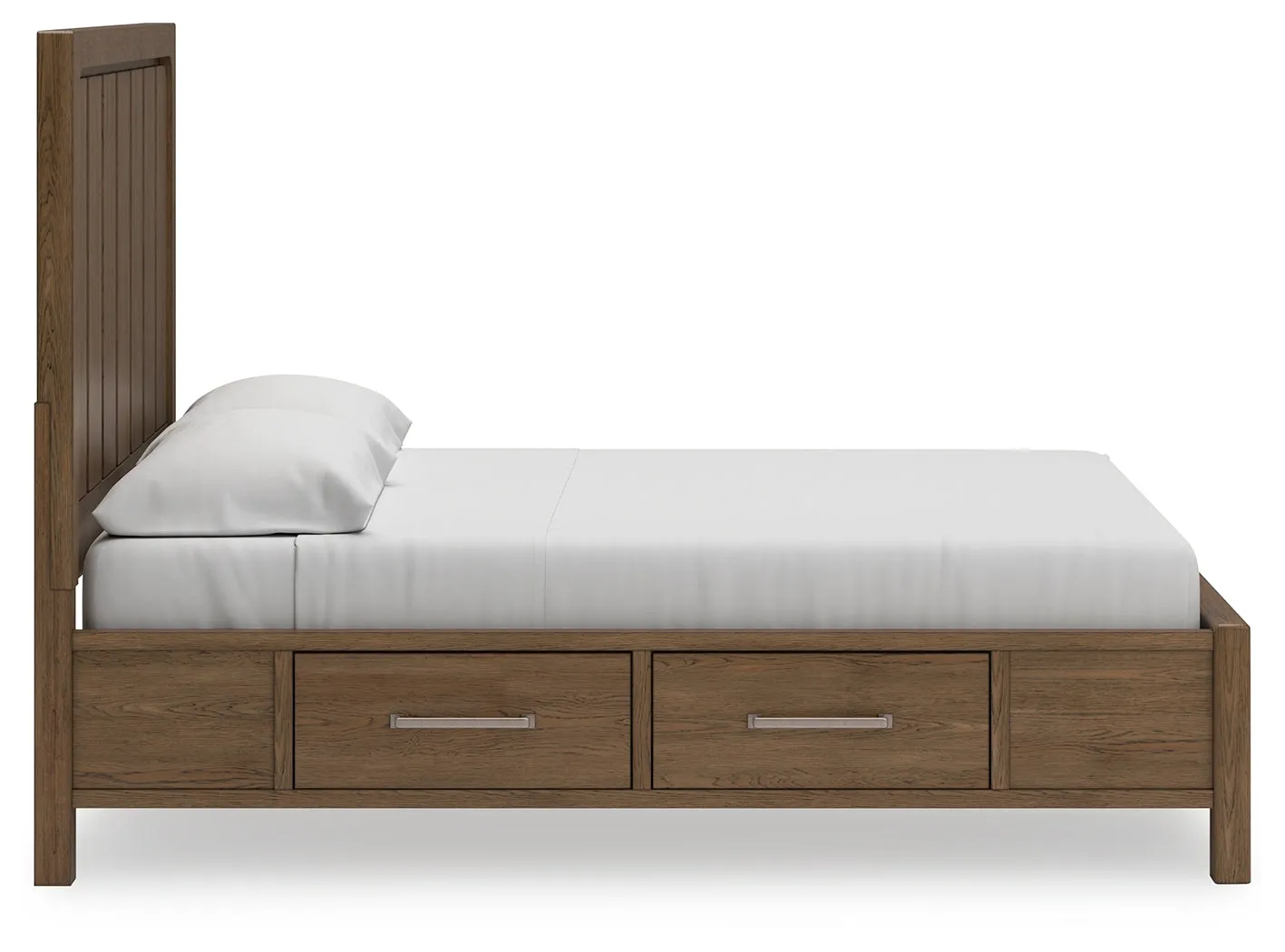Cabalynn California King Panel Bed with Storage with Mirrored Dresser and 2 Nightstands in Light Brown