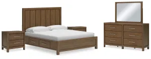 Cabalynn California King Panel Bed with Storage with Mirrored Dresser and 2 Nightstands in Light Brown