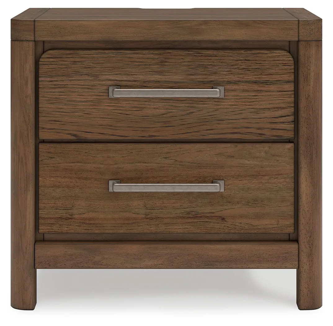 Cabalynn California King Panel Bed with Storage with Mirrored Dresser and 2 Nightstands in Light Brown