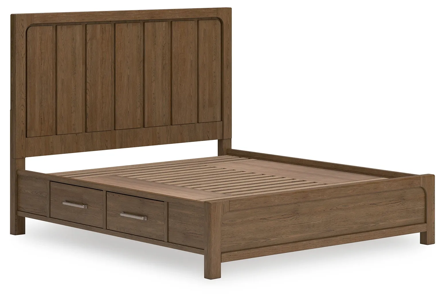 Cabalynn California King Panel Bed with Storage with Mirrored Dresser and 2 Nightstands in Light Brown