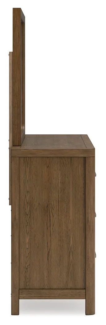 Cabalynn California King Panel Bed with Storage with Mirrored Dresser and 2 Nightstands in Light Brown