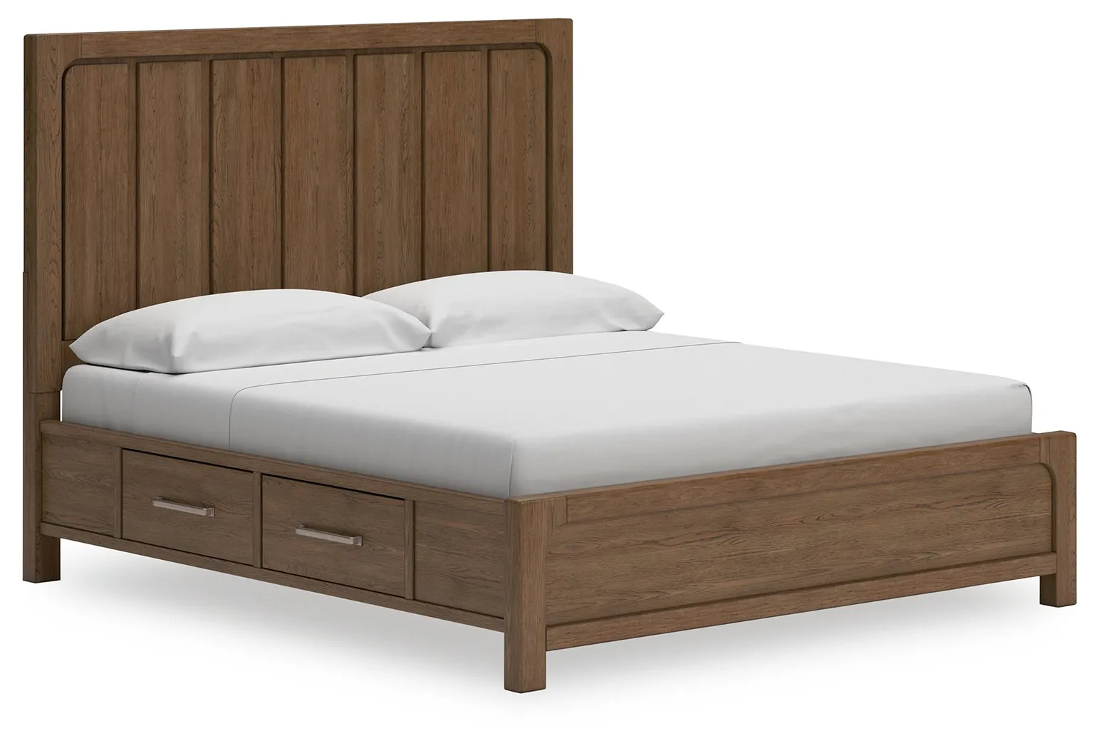 Cabalynn California King Panel Bed with Storage with Mirrored Dresser and 2 Nightstands in Light Brown