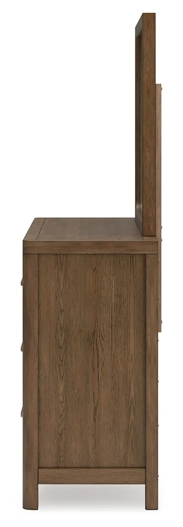 Cabalynn California King Panel Bed with Storage with Mirrored Dresser and 2 Nightstands in Light Brown