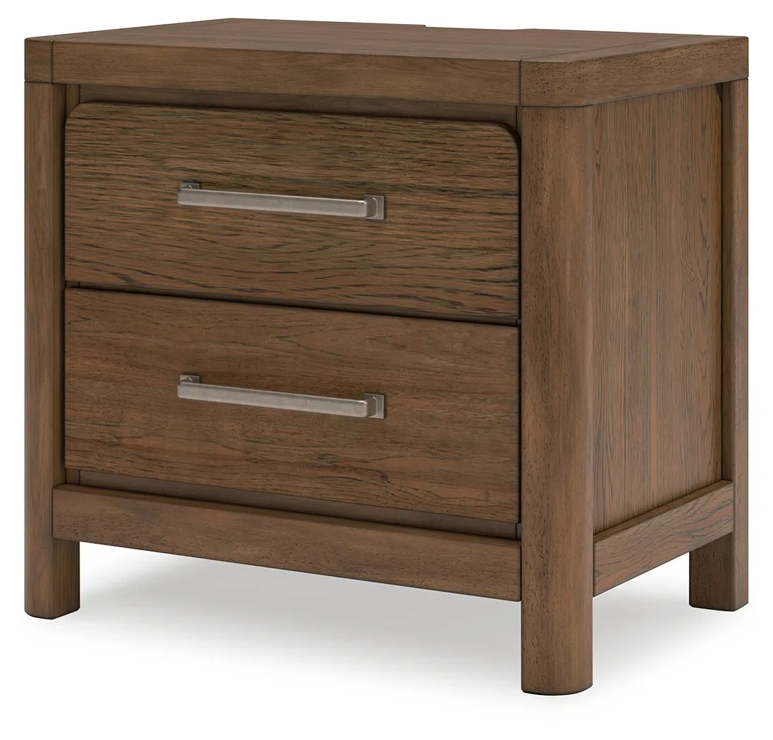 Cabalynn California King Panel Bed with Storage with Mirrored Dresser and 2 Nightstands in Light Brown