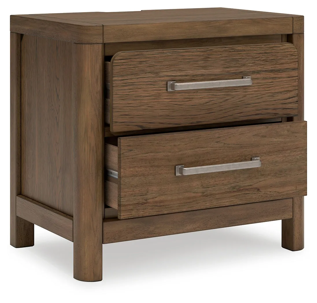 Cabalynn California King Panel Bed with Storage with Mirrored Dresser and 2 Nightstands in Light Brown