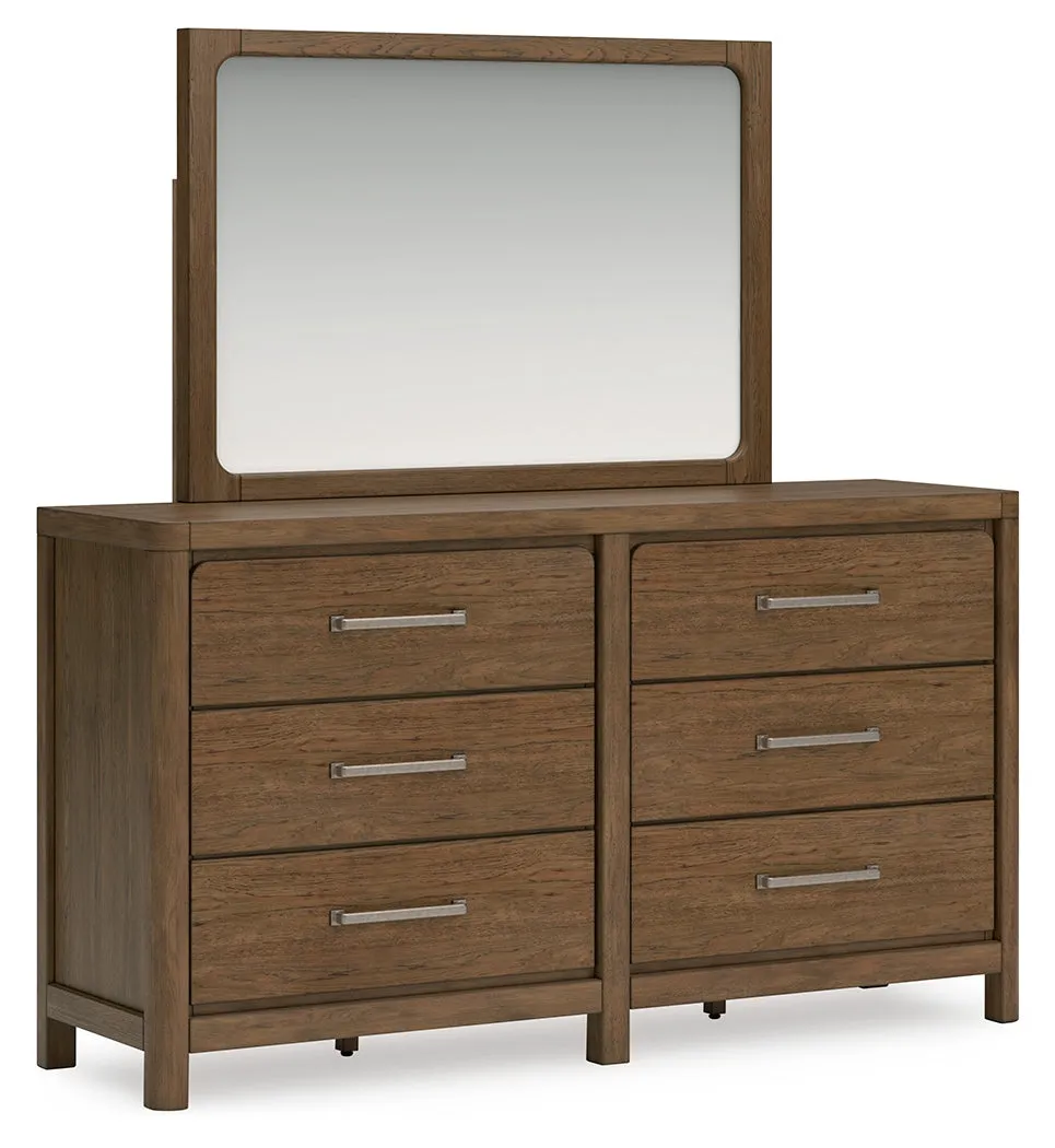 Cabalynn California King Panel Bed with Storage with Mirrored Dresser and 2 Nightstands in Light Brown
