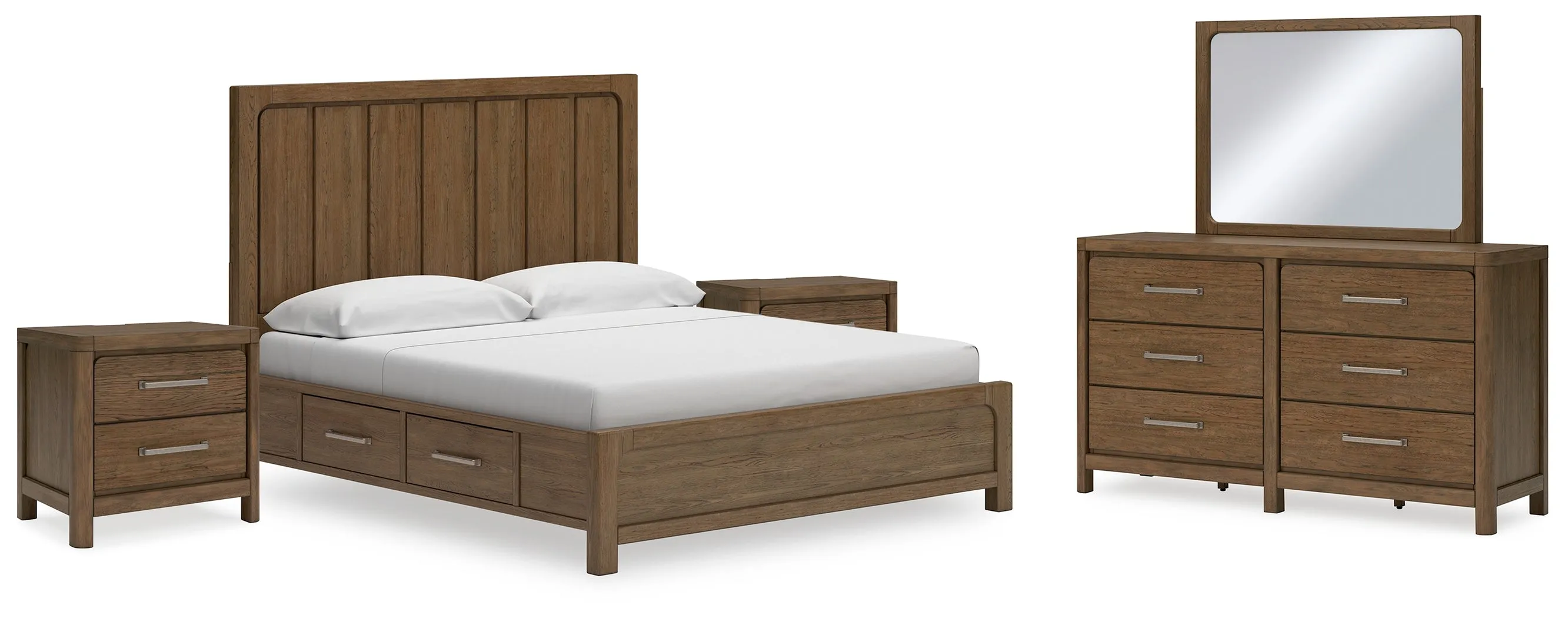 Cabalynn California King Panel Bed with Storage with Mirrored Dresser and 2 Nightstands in Light Brown
