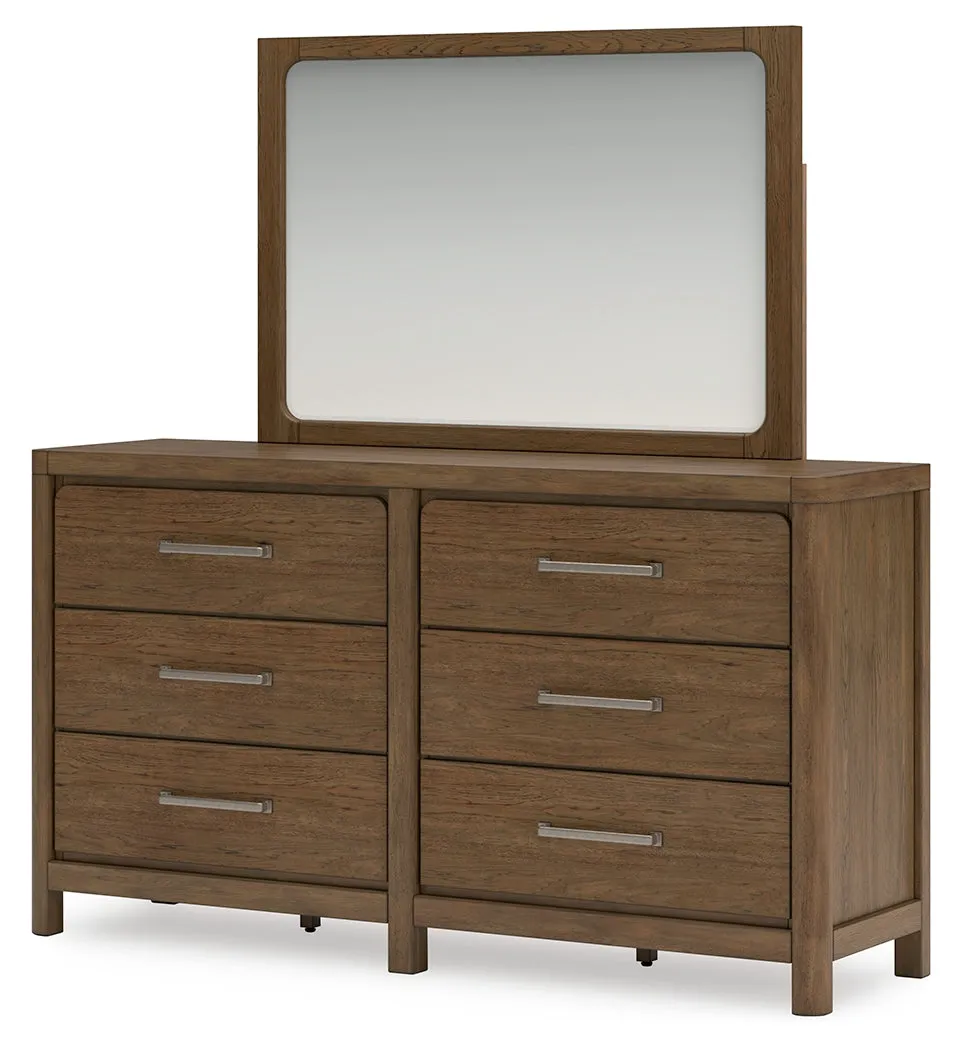 Cabalynn California King Panel Bed with Storage with Mirrored Dresser and 2 Nightstands in Light Brown