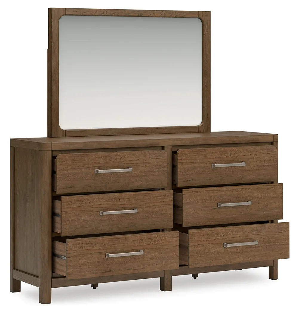 Cabalynn California King Panel Bed with Storage with Mirrored Dresser and 2 Nightstands in Light Brown