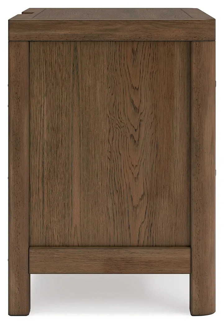 Cabalynn California King Panel Bed with Storage with Mirrored Dresser and 2 Nightstands in Light Brown