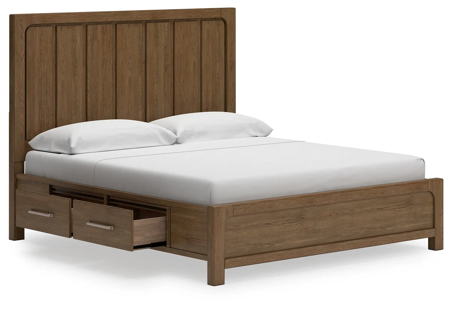 Cabalynn California King Panel Bed with Storage with Mirrored Dresser and 2 Nightstands in Light Brown