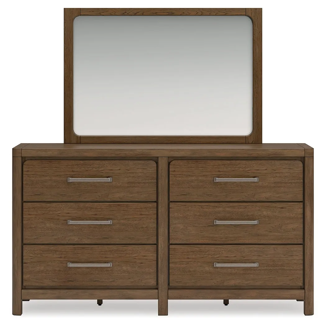 Cabalynn California King Panel Bed with Storage with Mirrored Dresser and 2 Nightstands in Light Brown