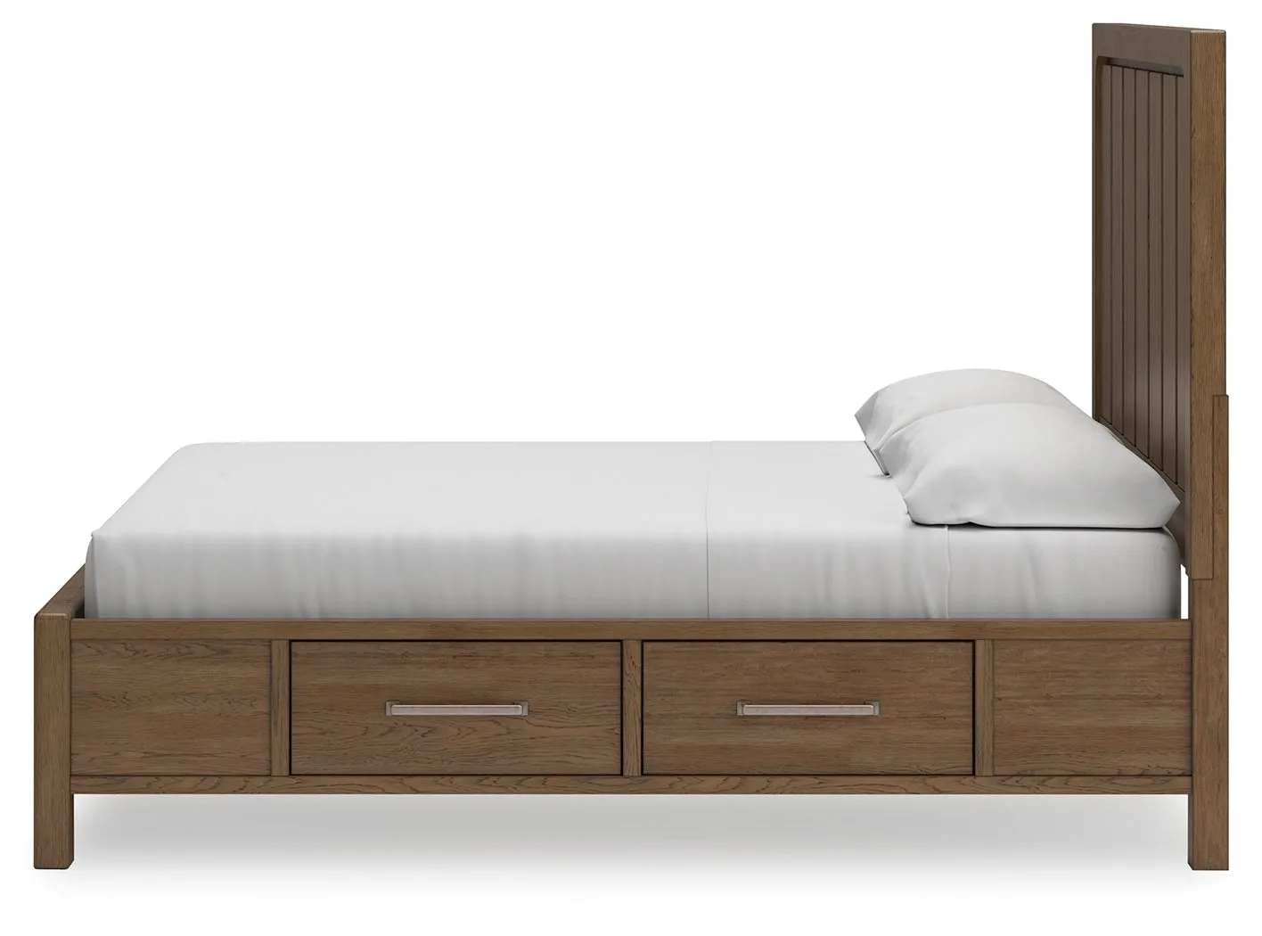 Cabalynn California King Panel Bed with Storage with Mirrored Dresser and 2 Nightstands in Light Brown