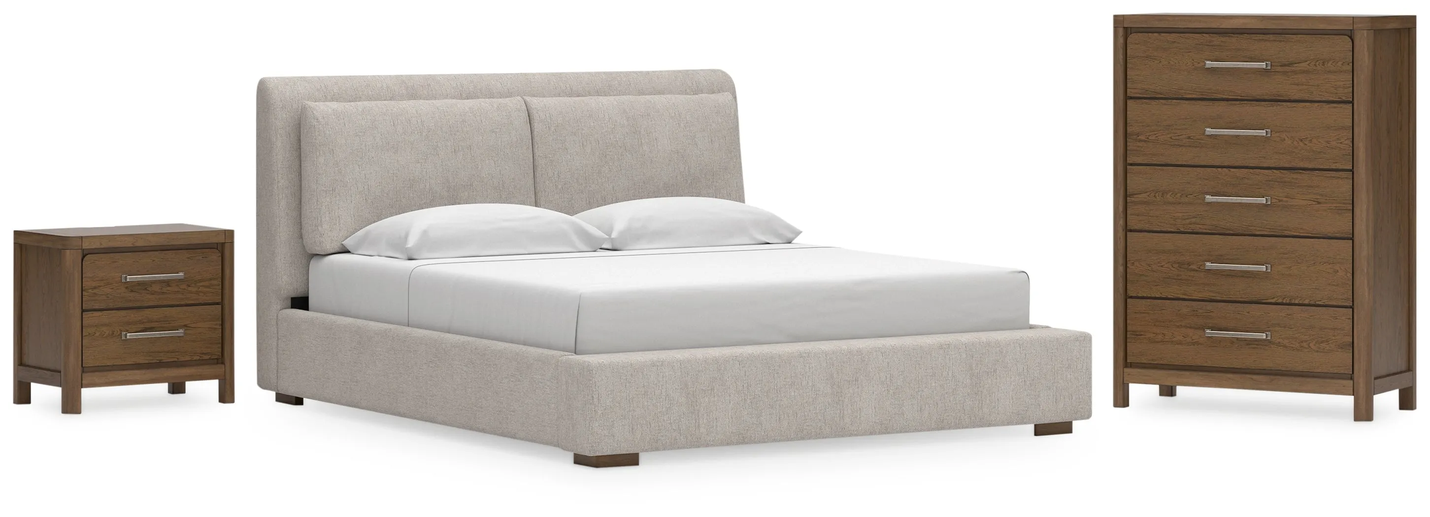 Cabalynn California King Upholstered Bed with Chest and Nightstand in Light Brown