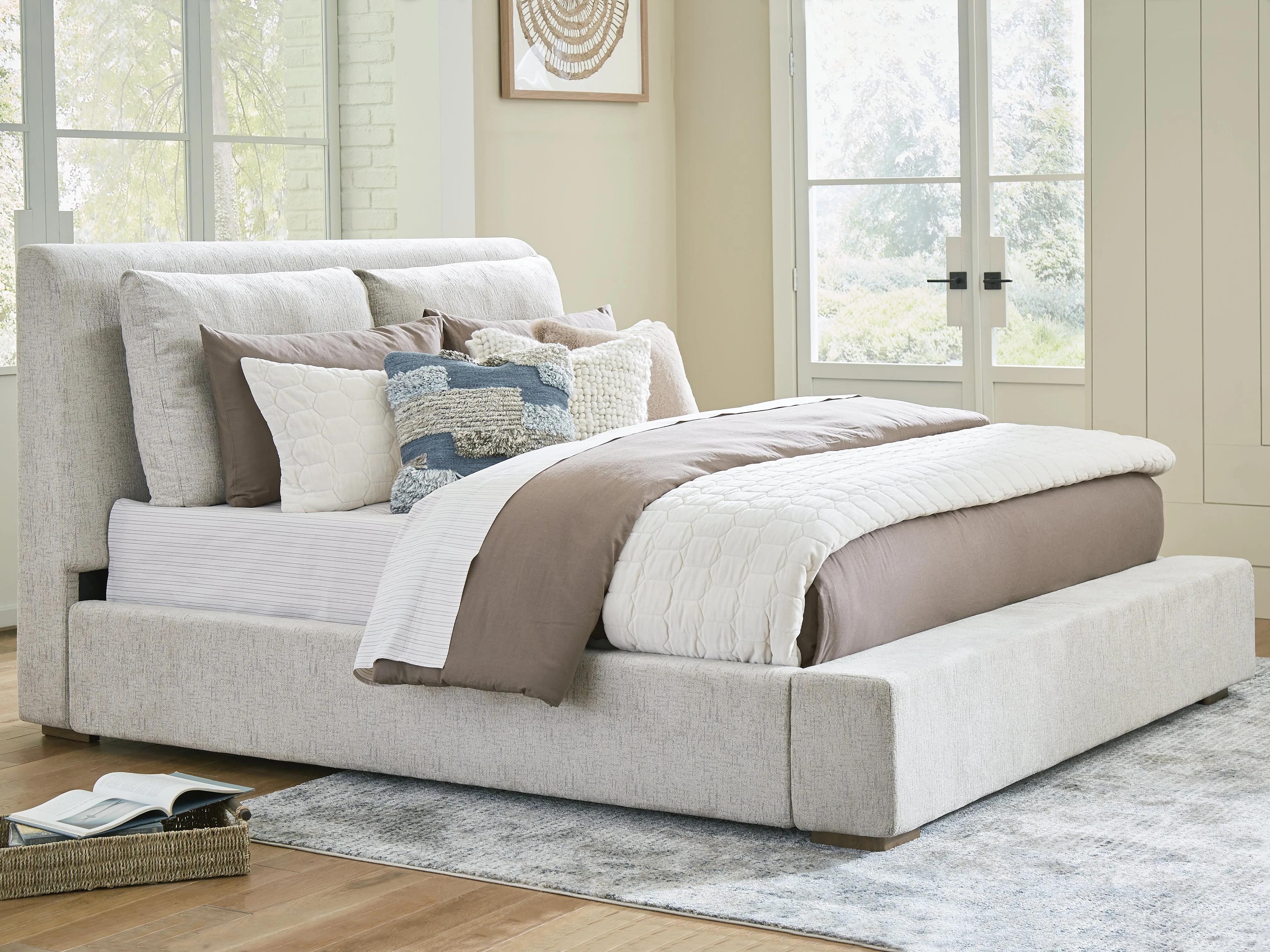 Cabalynn California King Upholstered Bed with Chest and Nightstand in Light Brown
