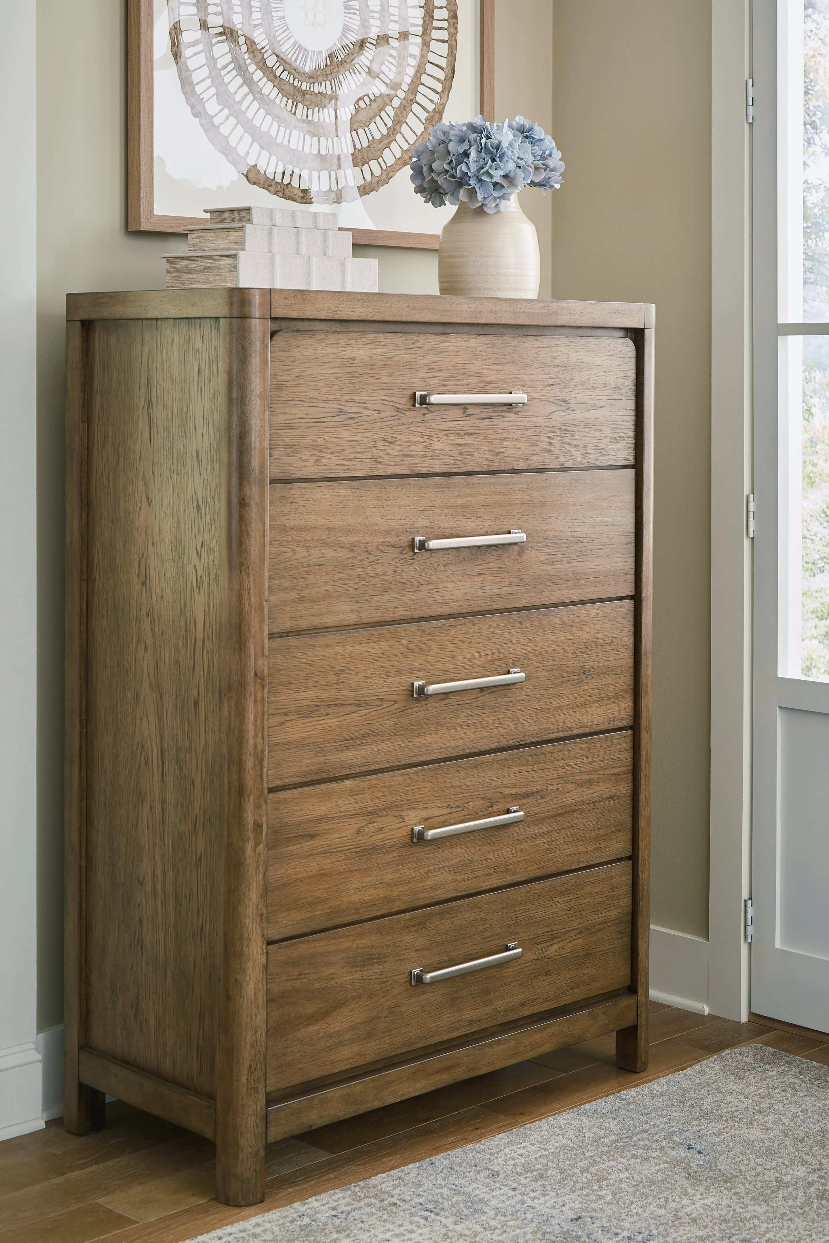 Cabalynn California King Upholstered Bed with Chest and Nightstand in Light Brown