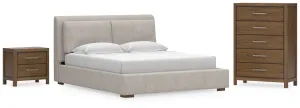 Cabalynn California King Upholstered Bed with Chest and Nightstand in Light Brown