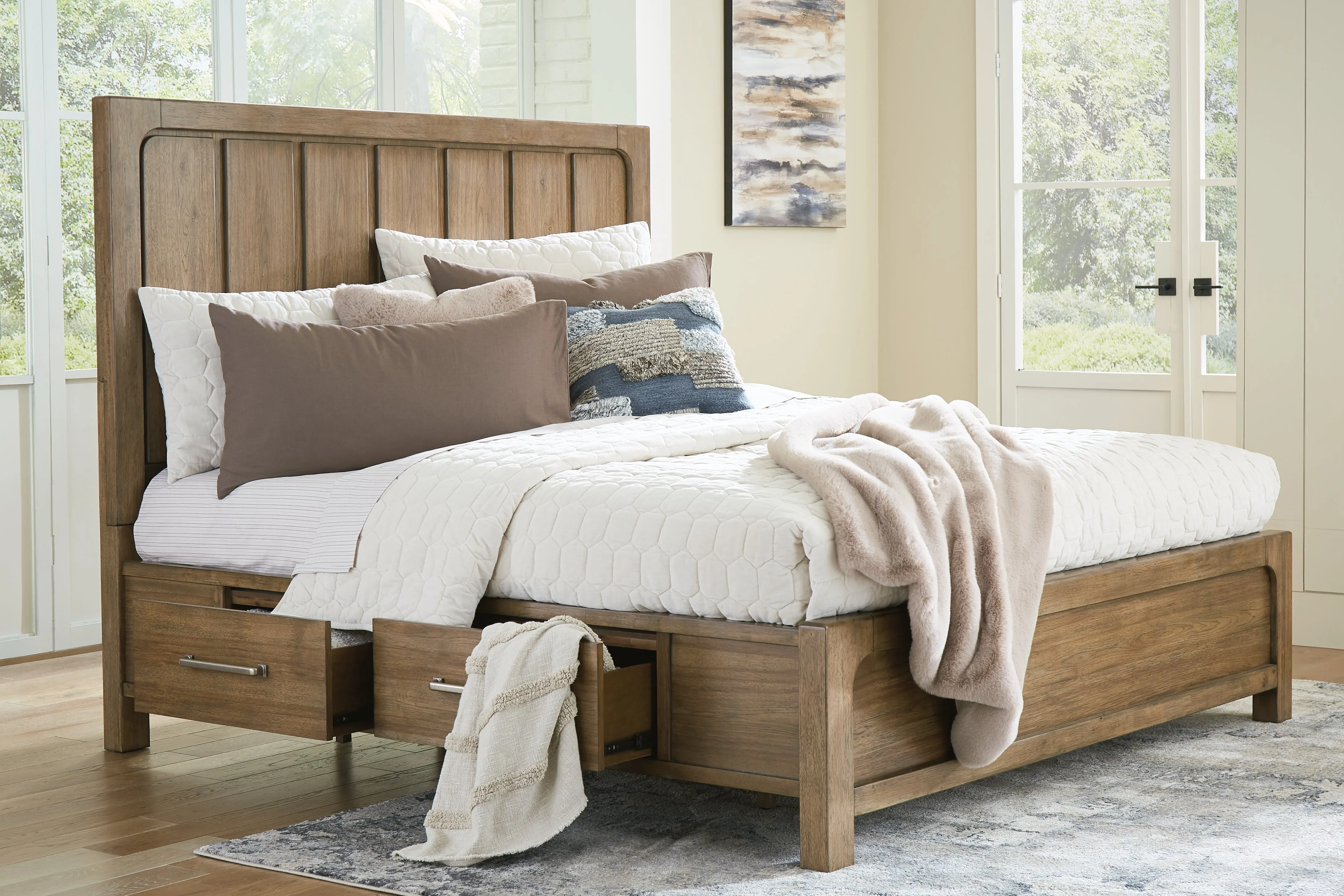 Cabalynn King Panel Bed with Storage with Mirrored Dresser and Chest in Light Brown