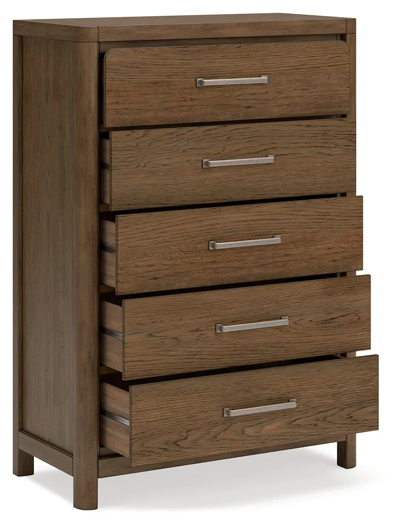Cabalynn King Panel Bed with Storage with Mirrored Dresser and Chest in Light Brown