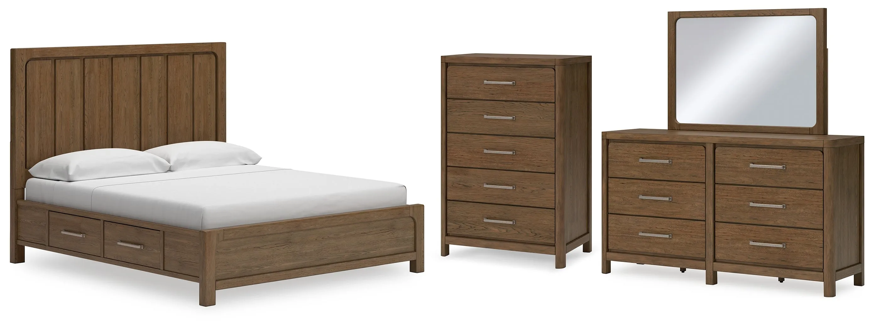Cabalynn King Panel Bed with Storage with Mirrored Dresser and Chest in Light Brown