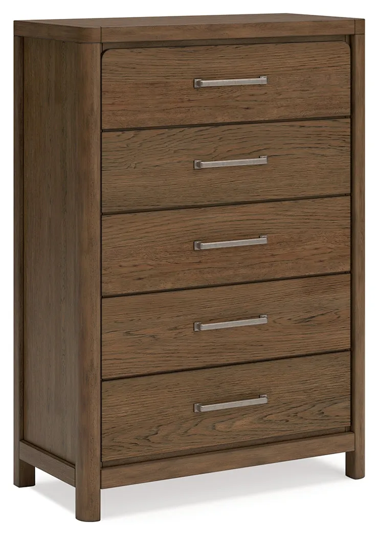Cabalynn King Panel Bed with Storage with Mirrored Dresser and Chest in Light Brown