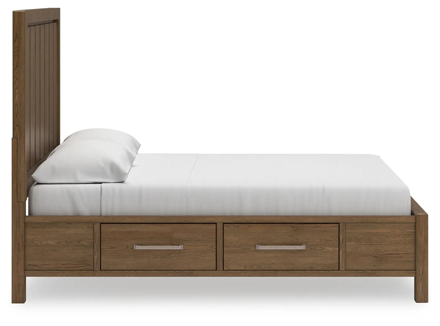 Cabalynn King Panel Bed with Storage with Mirrored Dresser and Chest in Light Brown