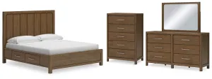 Cabalynn King Panel Bed with Storage with Mirrored Dresser and Chest in Light Brown