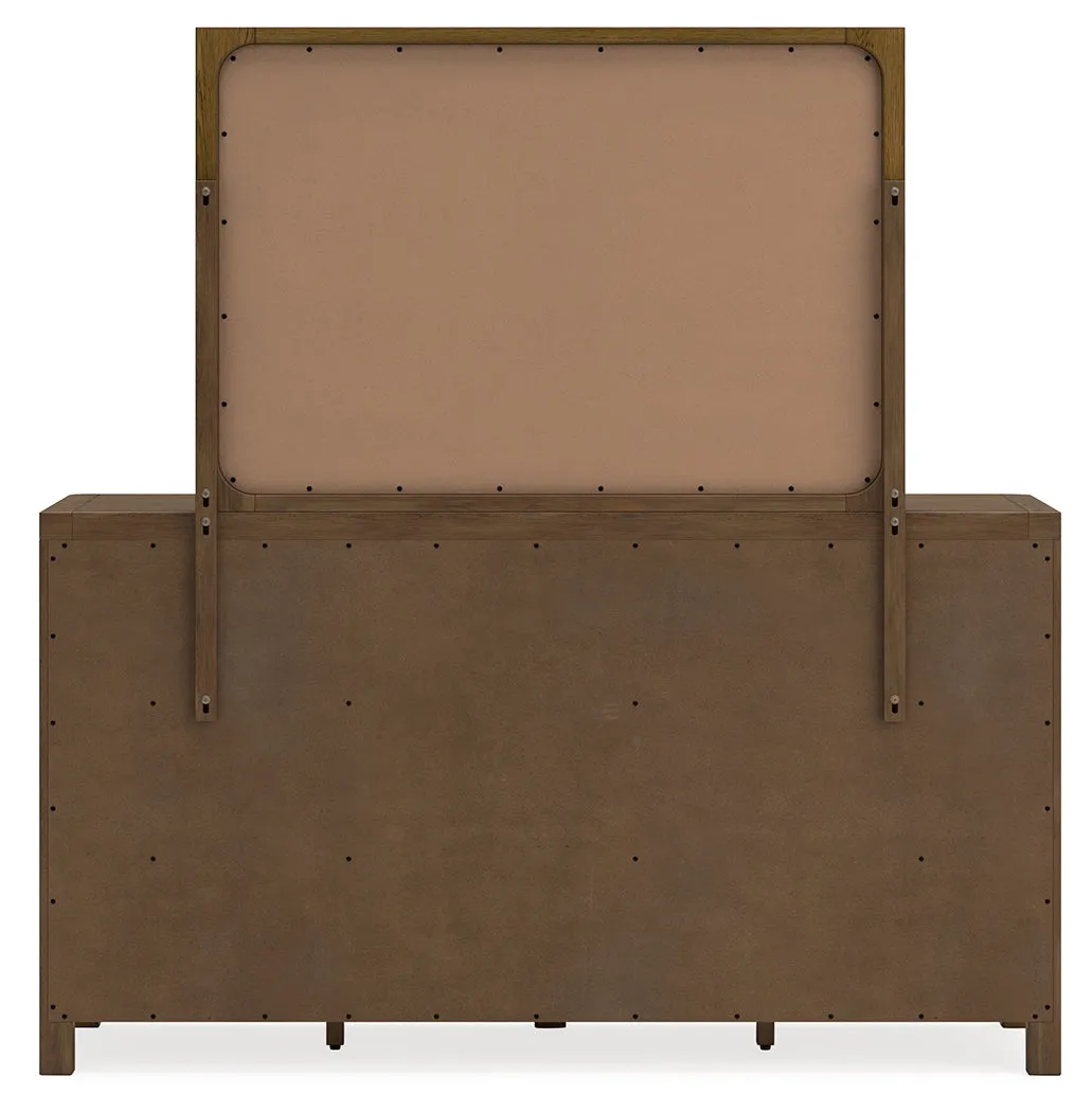 Cabalynn King Panel Bed with Storage with Mirrored Dresser and Chest in Light Brown