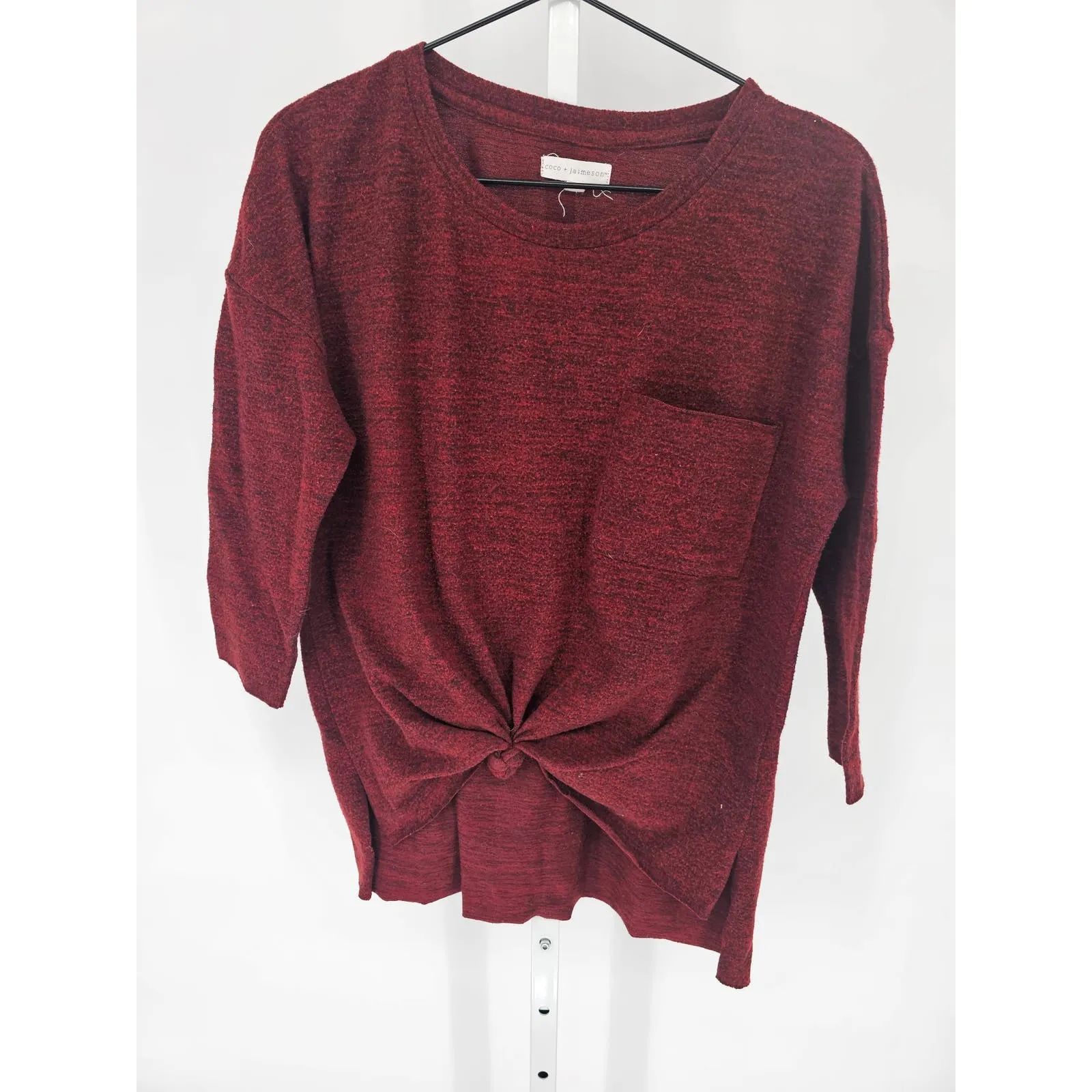 Coco   Jaimeson Womens Sz S Short Sleeve Tie Front Blouse Burgundy Red
