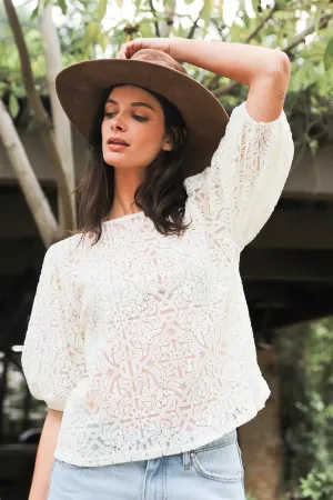 Cream Textured Mesh Ornament Print Short Balloon Sleeve Top /2-2